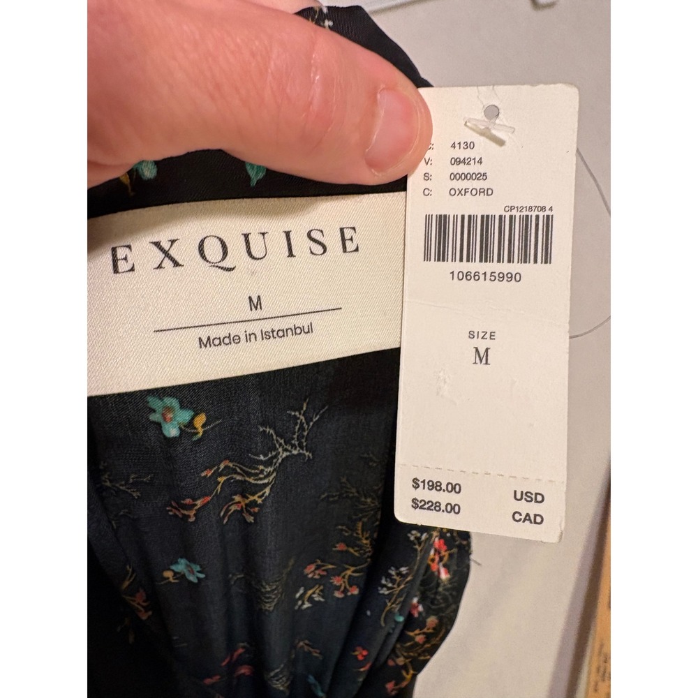 Exquise Anthropologie Floral Shirt Dress Black Satin Pleated Mini Pockets Size M - Picture 7 of 12